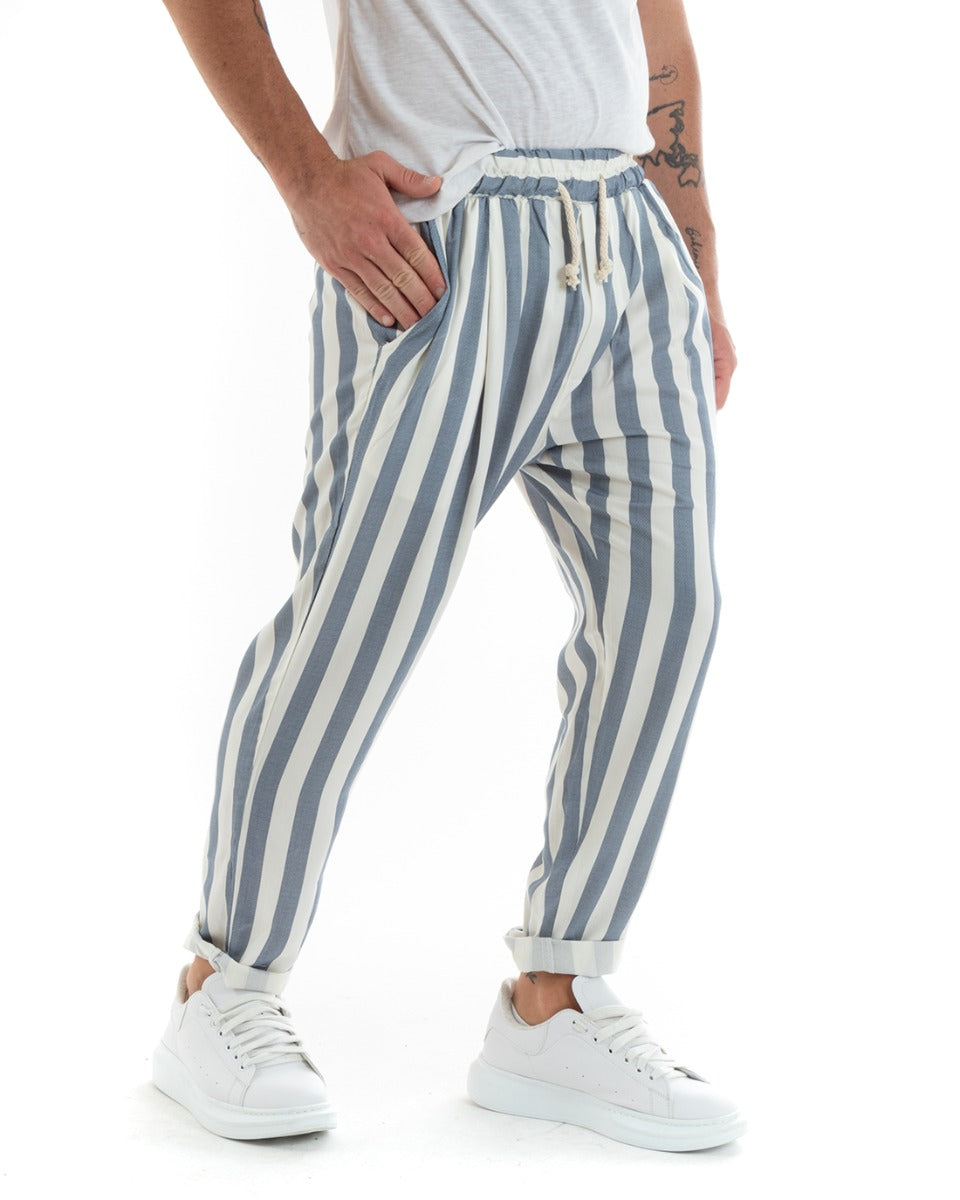 Paul Barrell Men's Long Elastic Trousers Wide Stripe Drawstring Waist Blue Cotton GIOSAL-P5876A