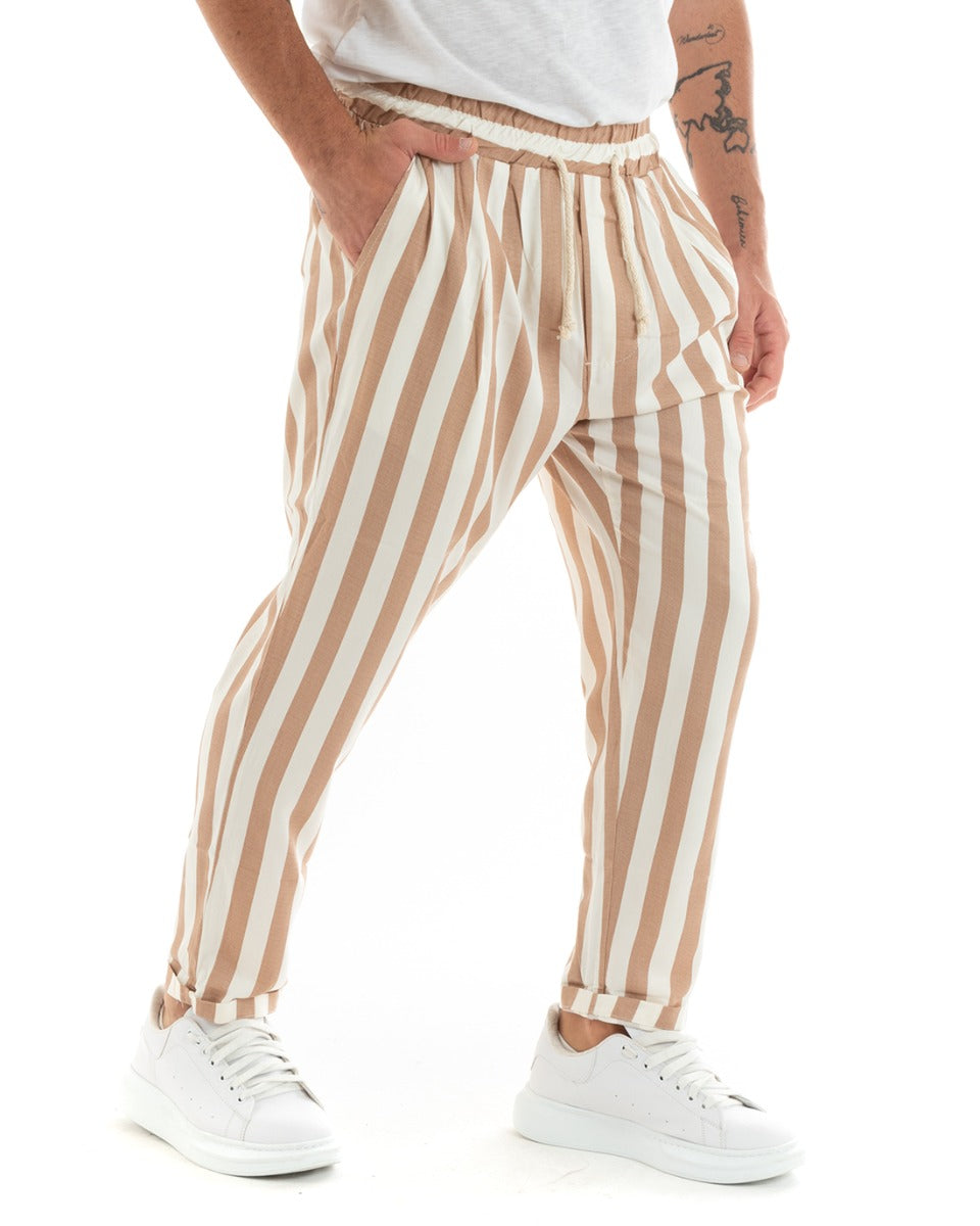 Paul Barrell Men's Long Elastic Trousers Wide Stripe Drawstring Waist Beige Cotton GIOSAL-P5878A