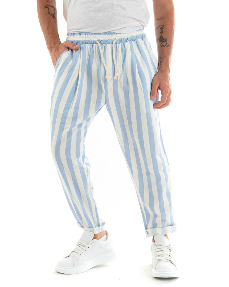 Paul Barrell Men's Long Elastic Trousers Wide Stripe Drawstring Waist Light Blue Cotton GIOSAL-P5879A