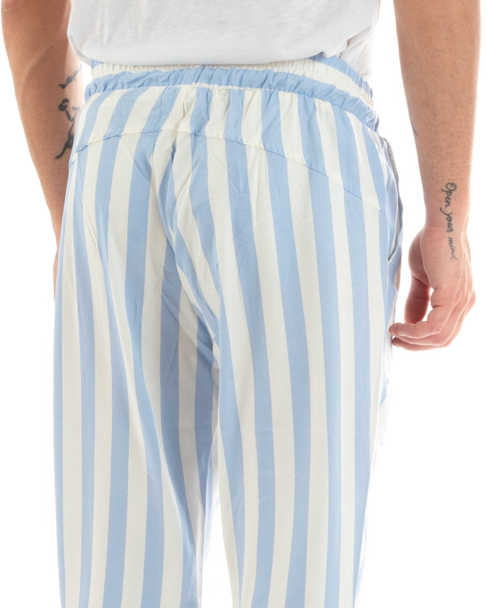 Paul Barrell Men's Long Elastic Trousers Wide Stripe Drawstring Waist Light Blue Cotton GIOSAL-P5879A