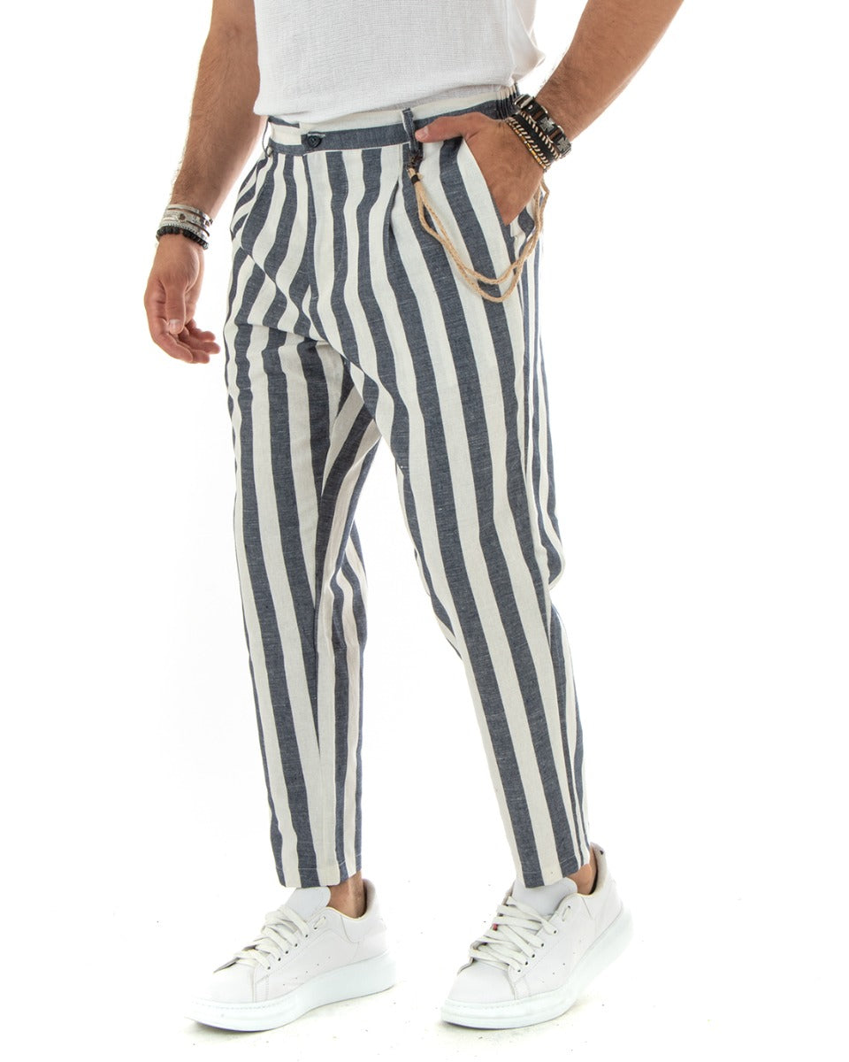 Men's Elastic Linen Striped Two-Tone Blue Trousers With Chain Elegant Casual GIOSAL-P5880A