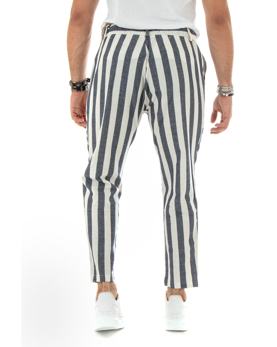Men's Elastic Linen Striped Two-Tone Blue Trousers With Chain Elegant Casual GIOSAL-P5880A
