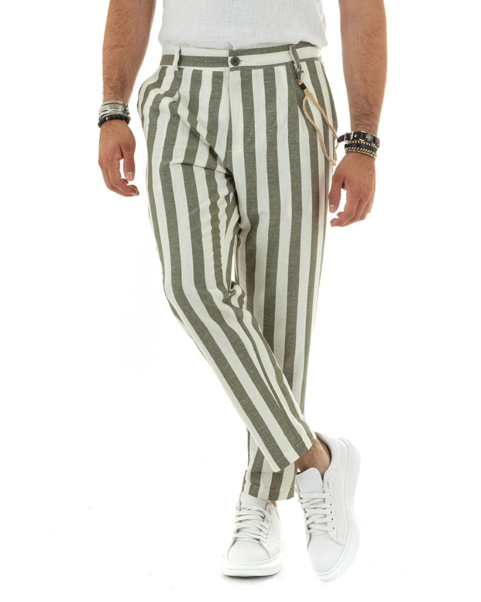 Men's Elastic Linen Striped Two-Tone Green Trousers With Chain Elegant Casual GIOSAL-P5881A