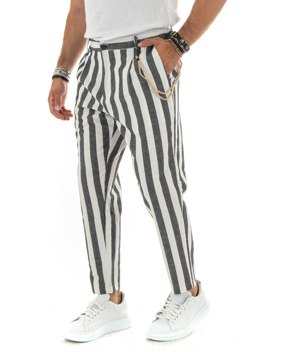 Men's Elastic Linen Striped Two-Tone Black Trousers With Chain Elegant Casual GIOSAL-P5882A