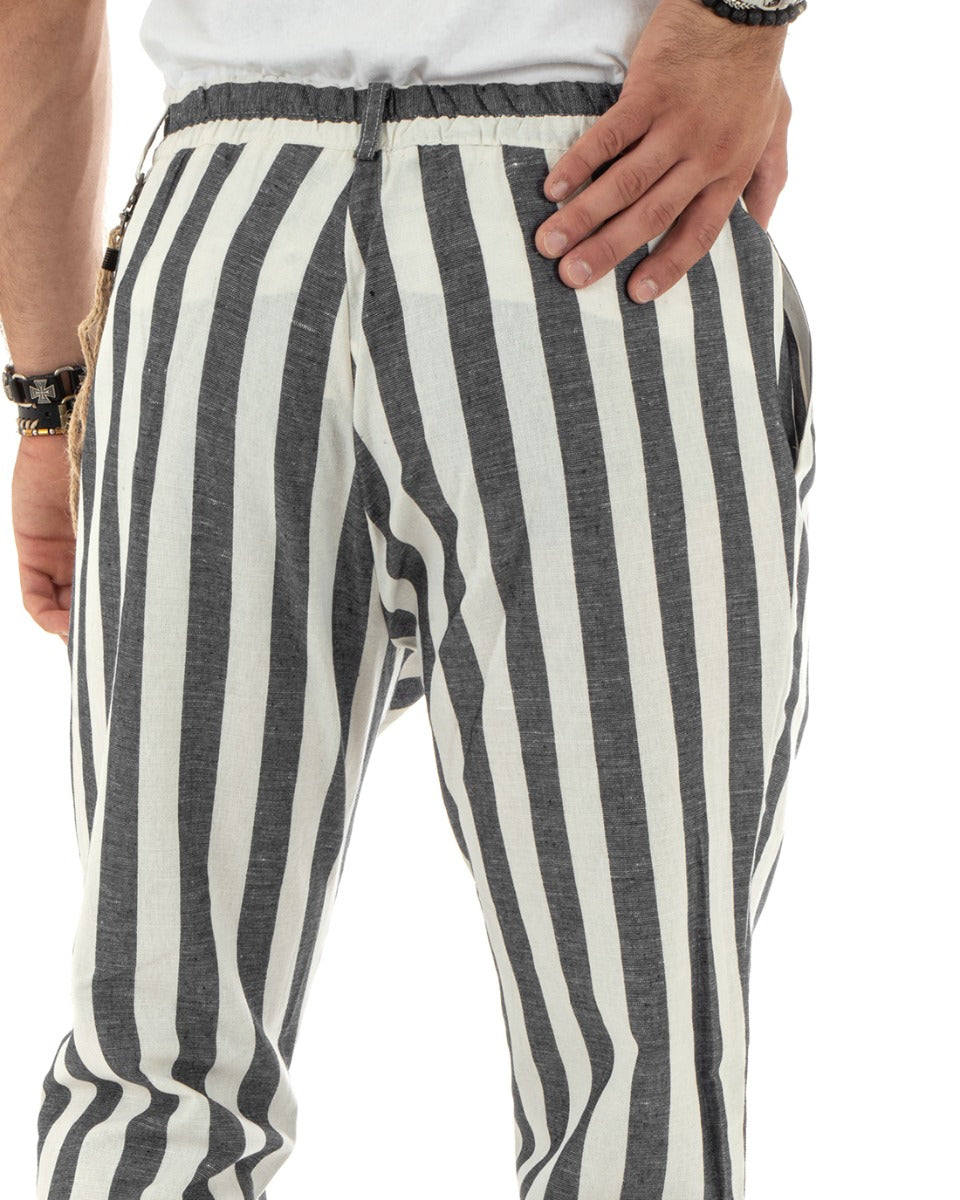 Men's Elastic Linen Striped Two-Tone Black Trousers With Chain Elegant Casual GIOSAL-P5882A
