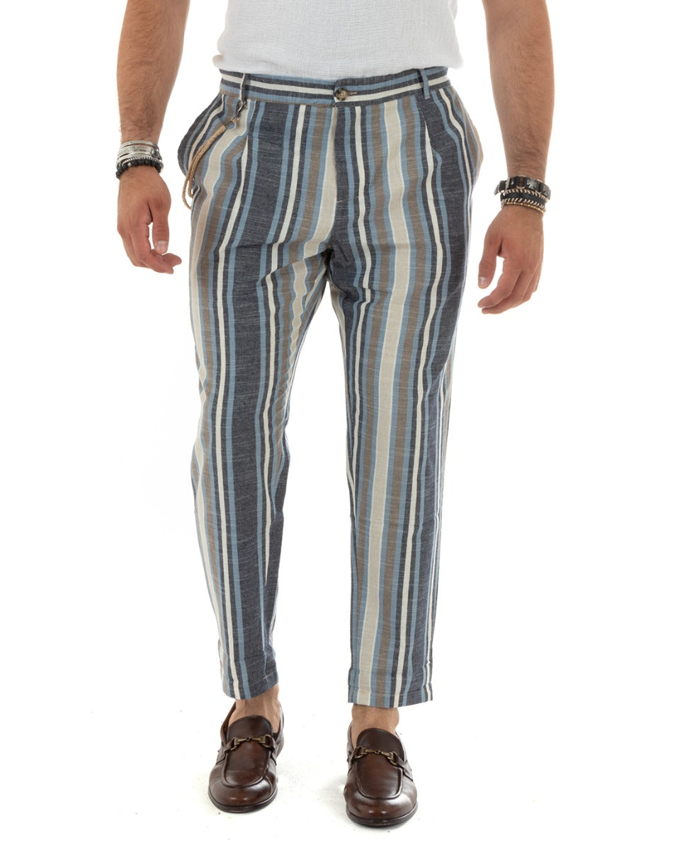 Pantaloni Uomo Lino Rigato Bicolore Blu Catena Elegante Casual Elastico Sul Retro GIOSAL-P5884A