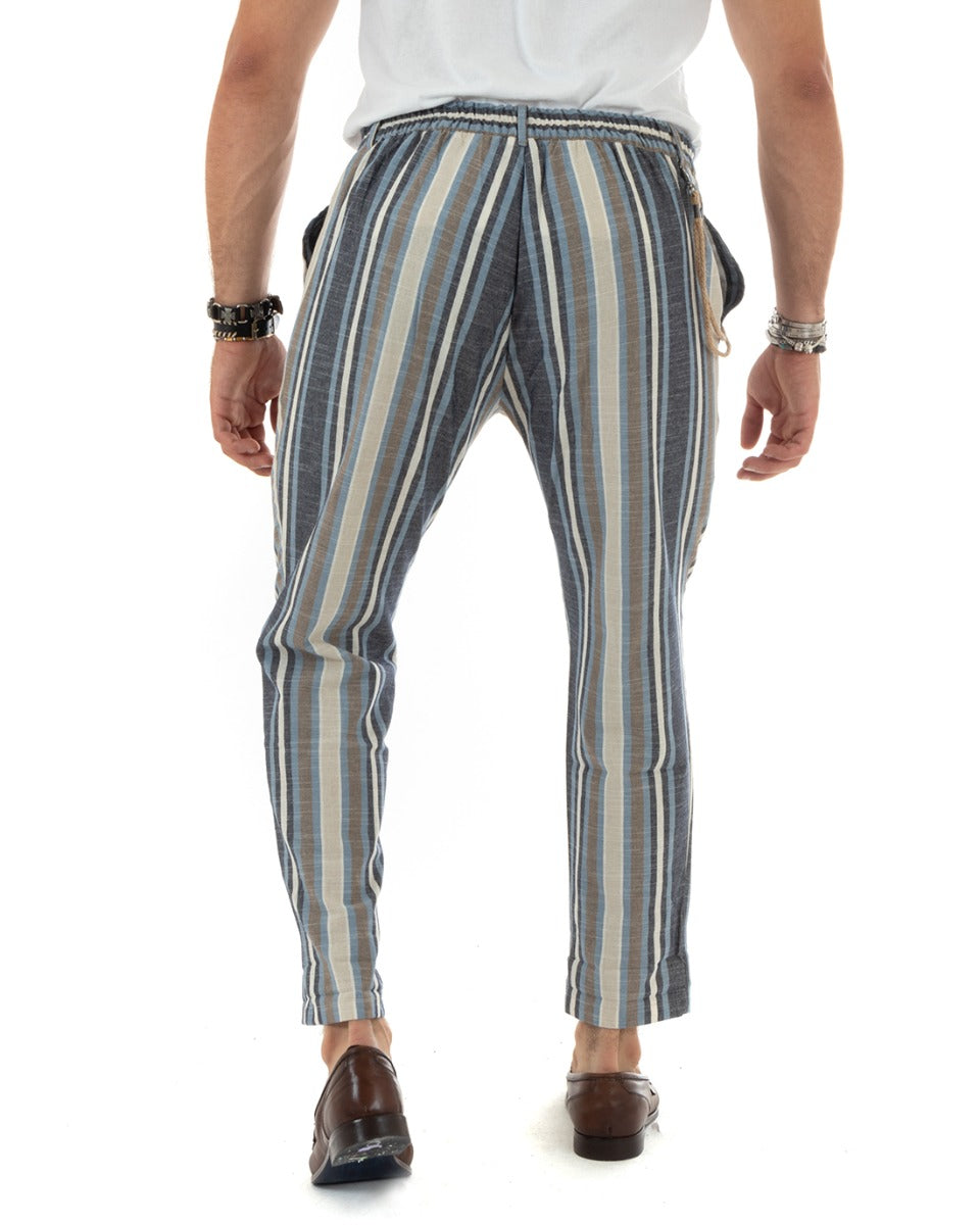 Men's Elastic Linen Multicolored Striped Trousers With Blue Chain Elegant Casual GIOSAL-P5884A