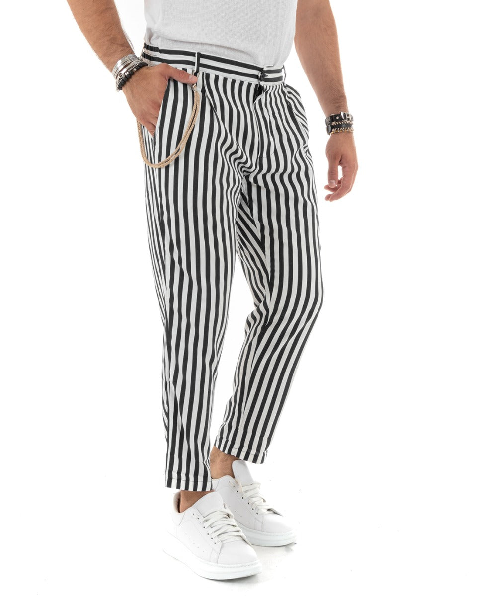 Men's Long Striped Trousers With Chain Button Closure Two-Tone Black Casual GIOSAL-P5885A