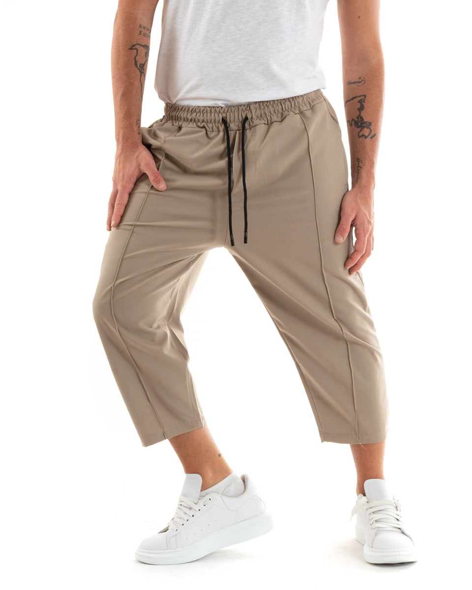 Men's Long Solid Color Cropped Pants Wide Elastic Waist Camel GIOSAL-P5888A
