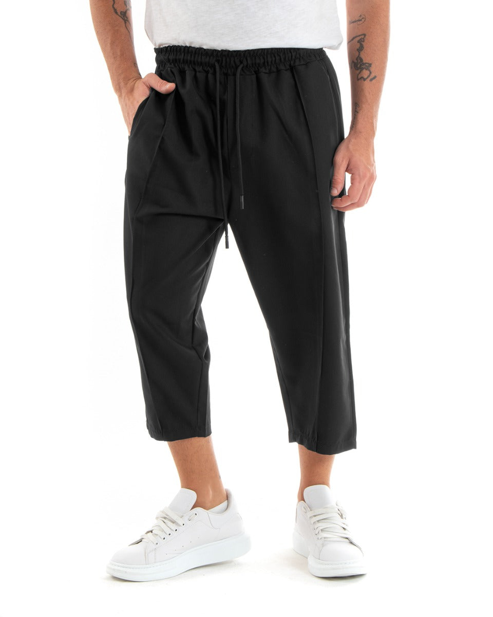 Men's Long Solid Color Cropped Trousers Wide Elastic Waist Black GIOSAL-P5889A