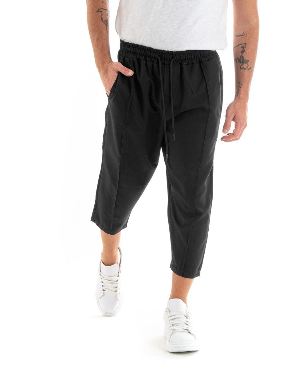 Men's Long Solid Color Cropped Trousers Wide Elastic Waist Black GIOSAL-P5889A