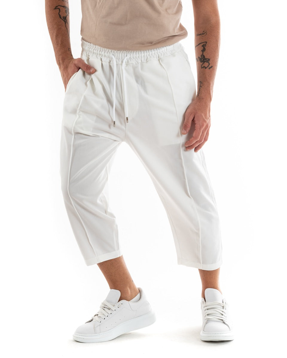 Men's Long Solid Color Cropped Pants Wide Elastic Waist White GIOSAL-P5890A