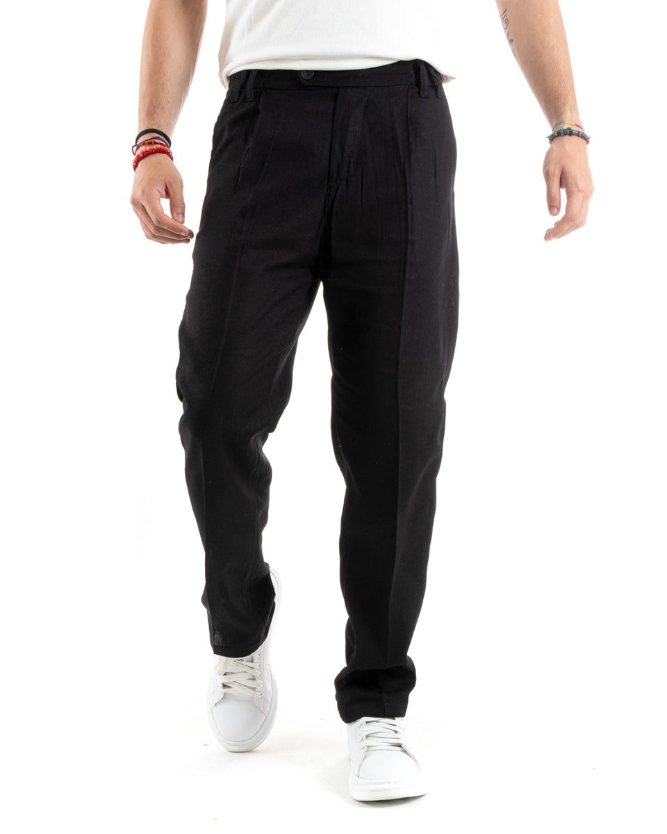 Men's Baggy Long Solid Color Trousers Elongated Elastic Button On The Back Linen Black Casual GIOSAL-P5892A