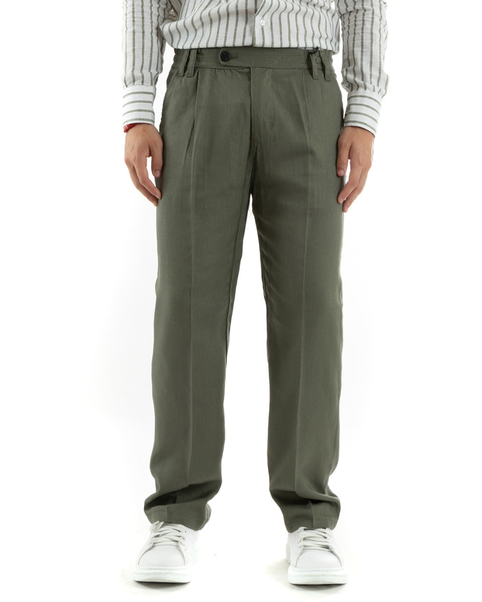 Men's Baggy Long Solid Color Trousers Elongated Elastic Button On The Back Linen Green Casual GIOSAL-P5893A