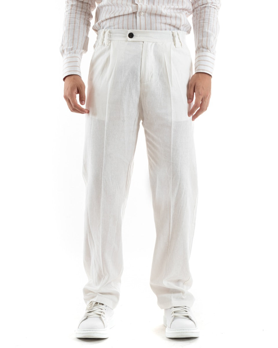 Men's Baggy Long Solid Color Trousers Elongated Elastic Button On The Back Linen White Casual GIOSAL-P5894A