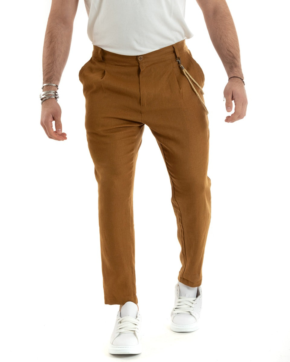 Pantaloni Uomo Lungo Tinta Unita Tabacco Lino Bottone Casual Classico GIOSAL-P5895A