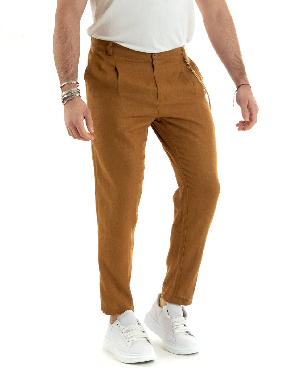 Pantaloni Uomo Lungo Tinta Unita Tabacco Lino Bottone Casual Classico GIOSAL-P5895A