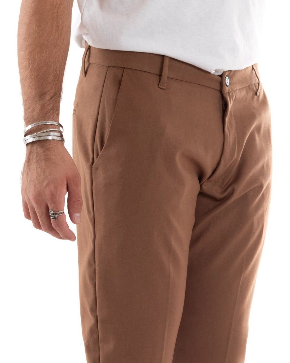 Pantaloni Uomo Tasca America Lungo Classico Casual Tinta Unita Camel GIOSAL-P5899A