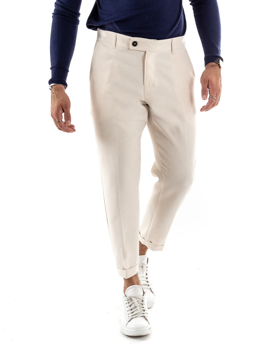 Men's Long Classic Melange Pants Solid Color Cream Casual Elongated Button GIOSAL - P5912A