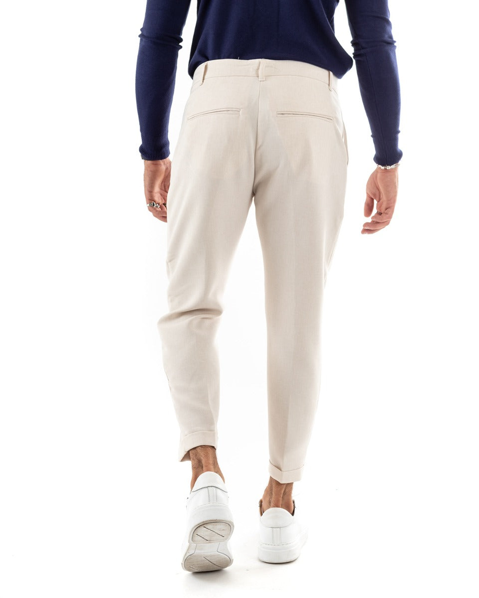 Men's Long Classic Melange Pants Solid Color Cream Casual Elongated Button GIOSAL - P5912A