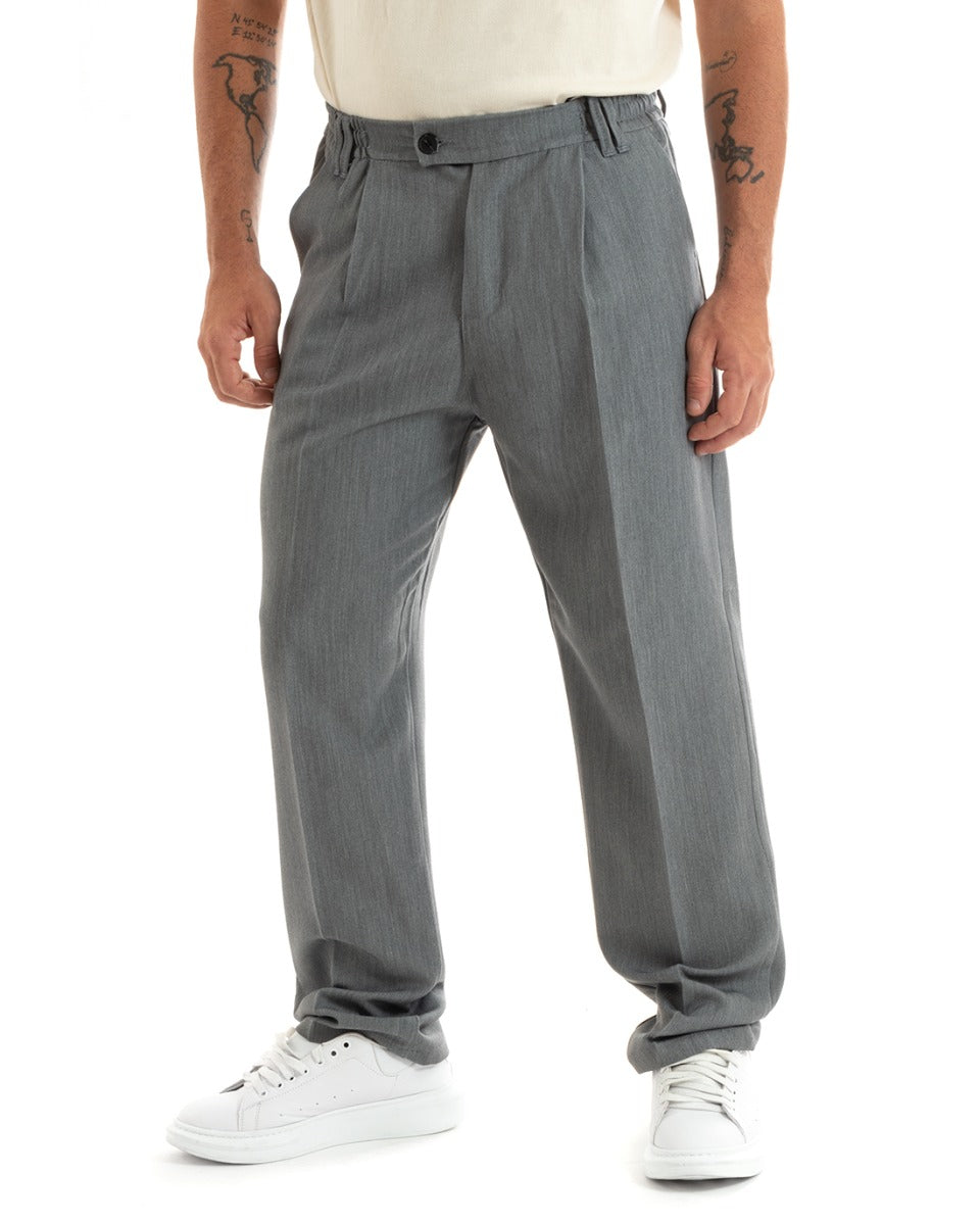 Men's Long Baggy Pants Solid Color Wide Leg Elastic on the Back Sides Elongated Button Gray Casual Elegant GIOSAL- P5914A