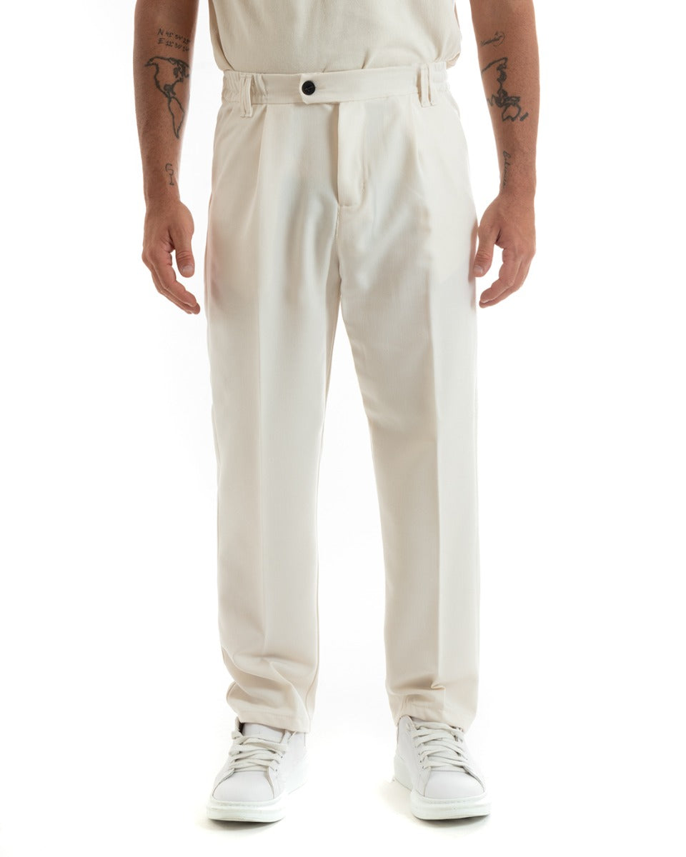 Men's Long Baggy Trousers Solid Color Wide Leg Elastic on the Back Sides Elongated Button Cream Casual Elegant GIOSAL- P5915A