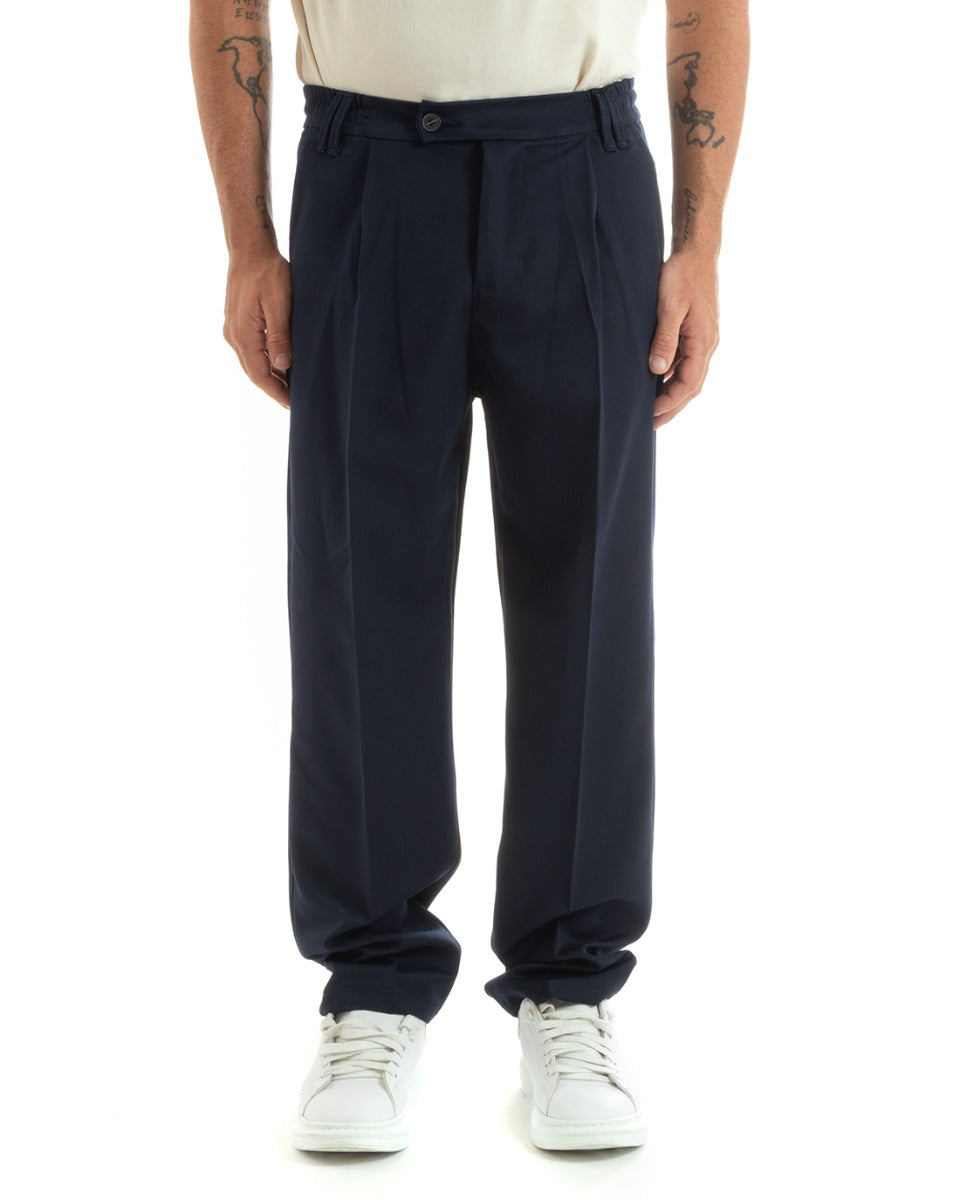 Men's Long Baggy Trousers Solid Color Wide Leg Elastic on the Back Sides Elongated Button Blue Casual Elegant GIOSAL- P5916A