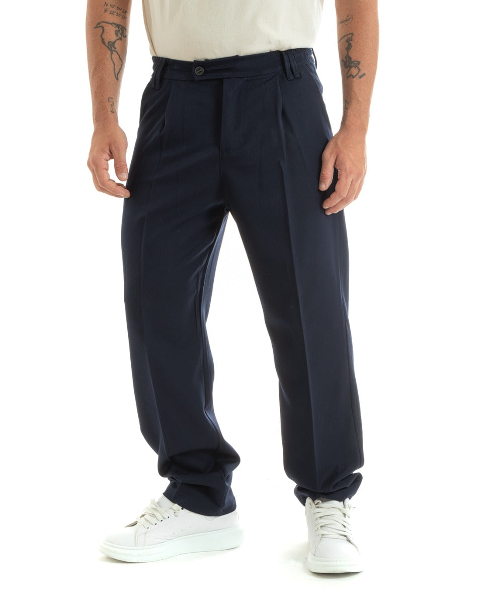 Men's Long Baggy Trousers Solid Color Wide Leg Elastic on the Back Sides Elongated Button Blue Casual Elegant GIOSAL- P5916A