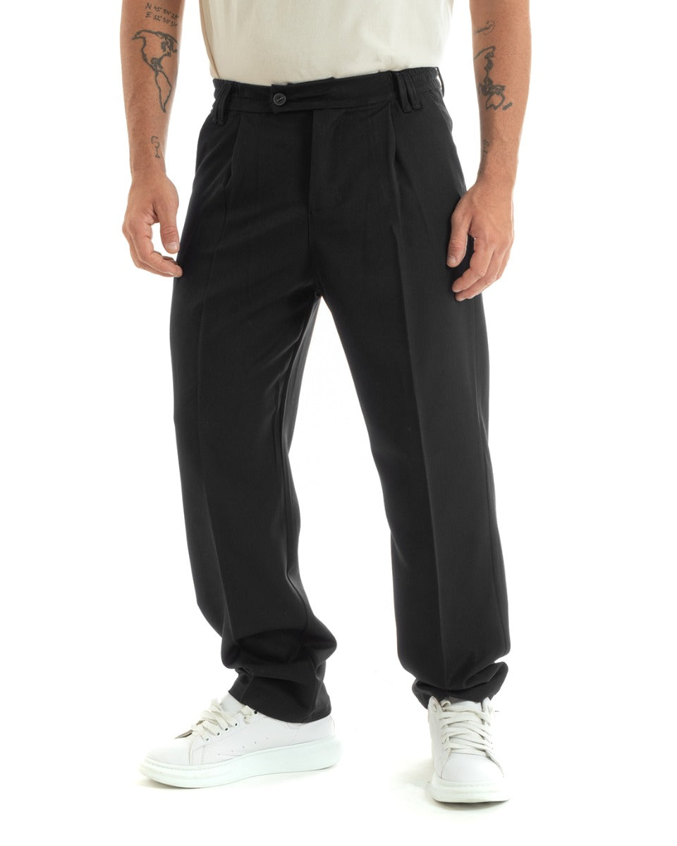 Men's Long Baggy Pants Solid Color Wide Leg Elastic on the Back Sides Elongated Button Black Casual Elegant GIOSAL- P5917A
