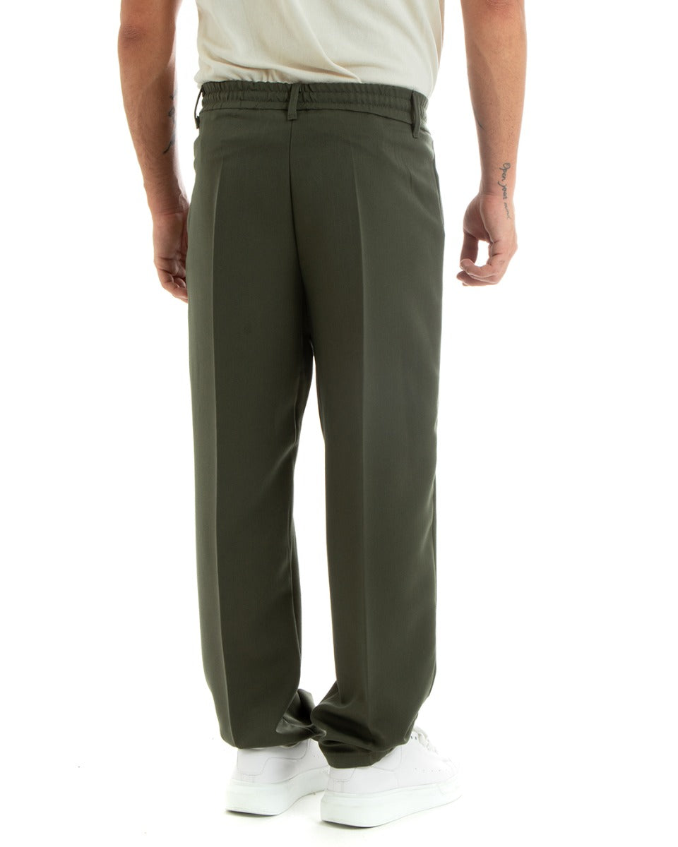 Men's Long Baggy Trousers Solid Color Wide Leg Elastic on the Back Sides Elongated Button Green Casual Elegant GIOSAL- P5918A