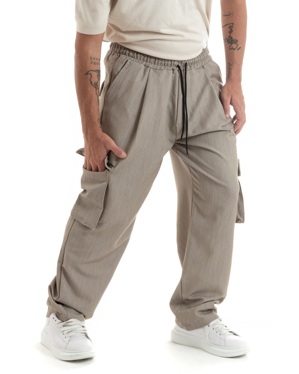 Men's Long Baggy Trousers Solid Color Wide Leg Elastic Pockets Melanged Beige GIOSAL- P5919A