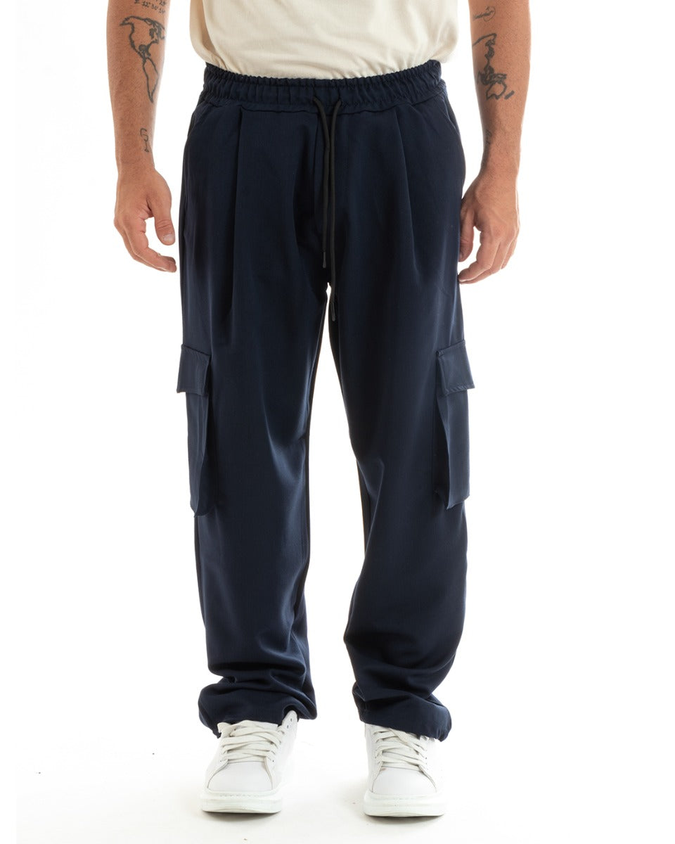 Men's Long Baggy Trousers Solid Color Wide Leg Elastic Pockets Blue GIOSAL- P5920A