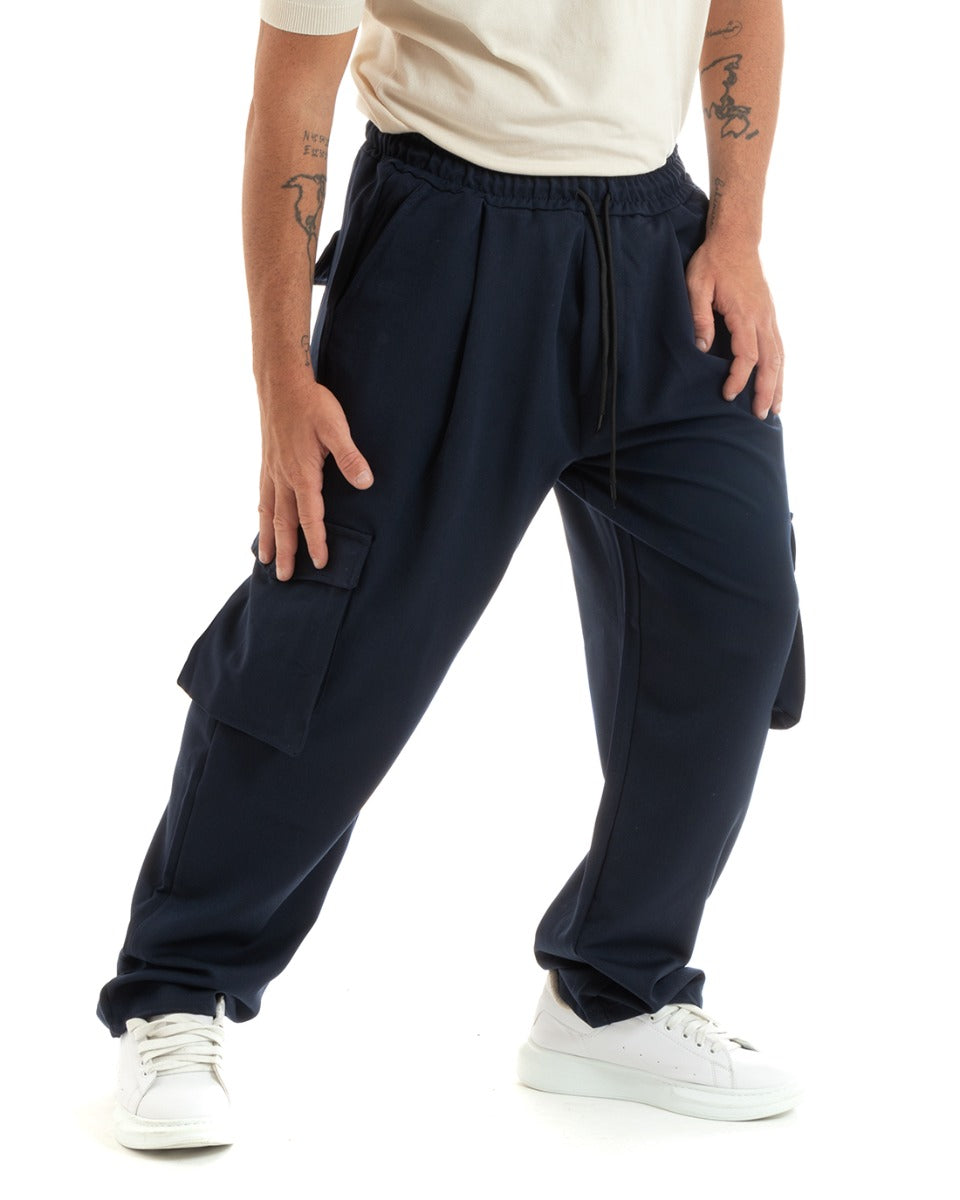 Pantaloni Uomo Baggy Lunghi Wide Leg Pantalaccio Fondo Largo Jogger Cargo Con Tasconi Blu GIOSAL-P5920A