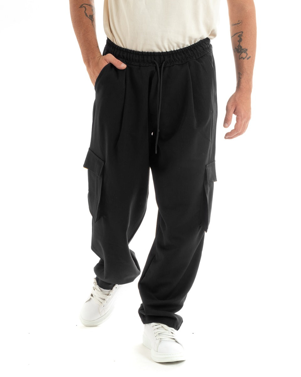 Men's Long Baggy Pants Solid Color Wide Leg Elastic Pockets Black GIOSAL- P5921A