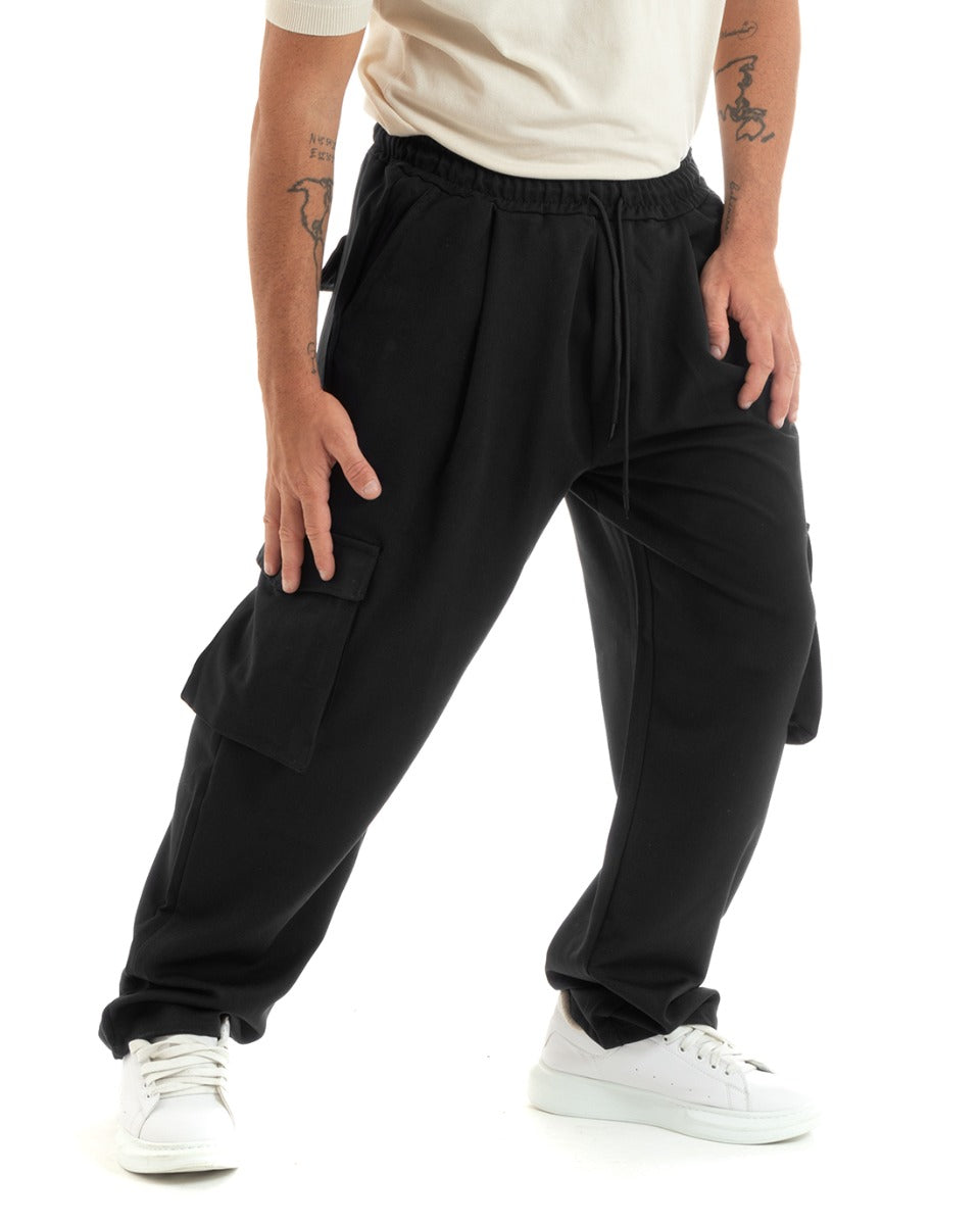 Men's Long Baggy Pants Solid Color Wide Leg Elastic Pockets Black GIOSAL- P5921A