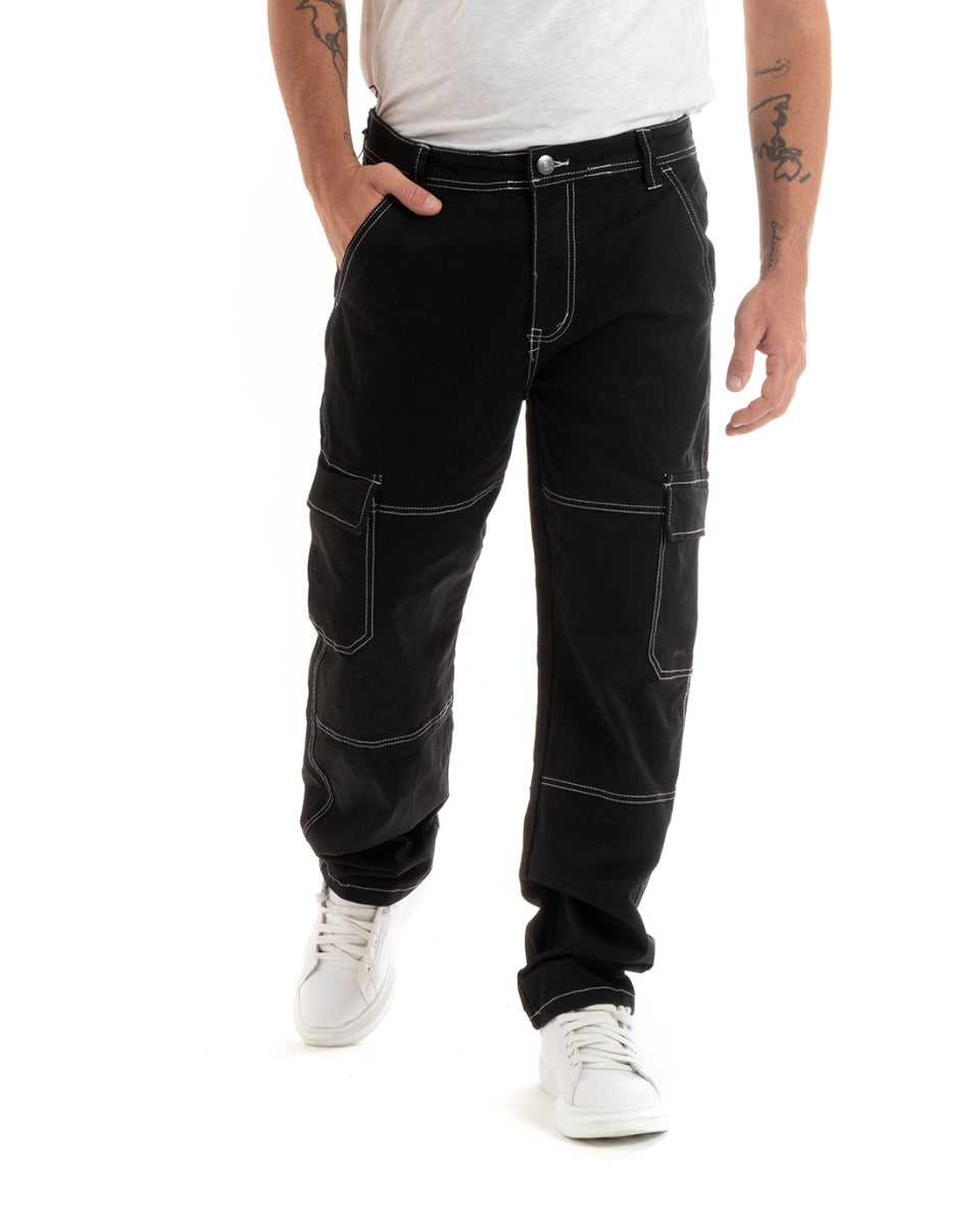 Pantaloni Jeans Uomo Straight Fit Cargo Nero Cinque Tasche Casual GIOSAL-P5928A