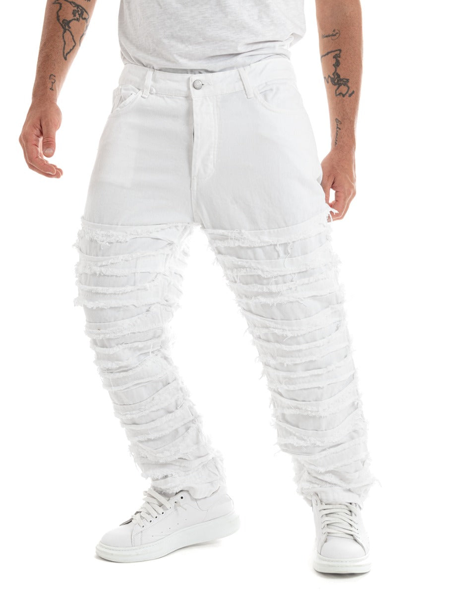 Pantaloni Uomo Jeans Cinque Tasche Straight Fit Ripped Bianco Casual GIOSAL-P5931A