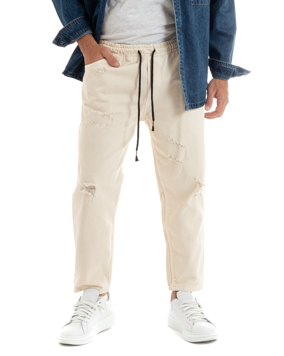 Men's Jeans Trousers Regular Fit Cream Bull Trousers With Casual Rips GIOSAL-P5932A 