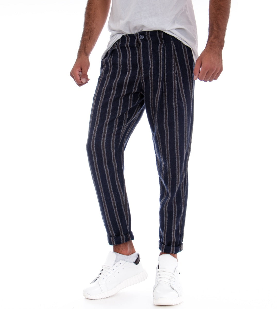 Men's Blue Brown Striped Trousers America Pocket Cotton Button Casual GIOSAL