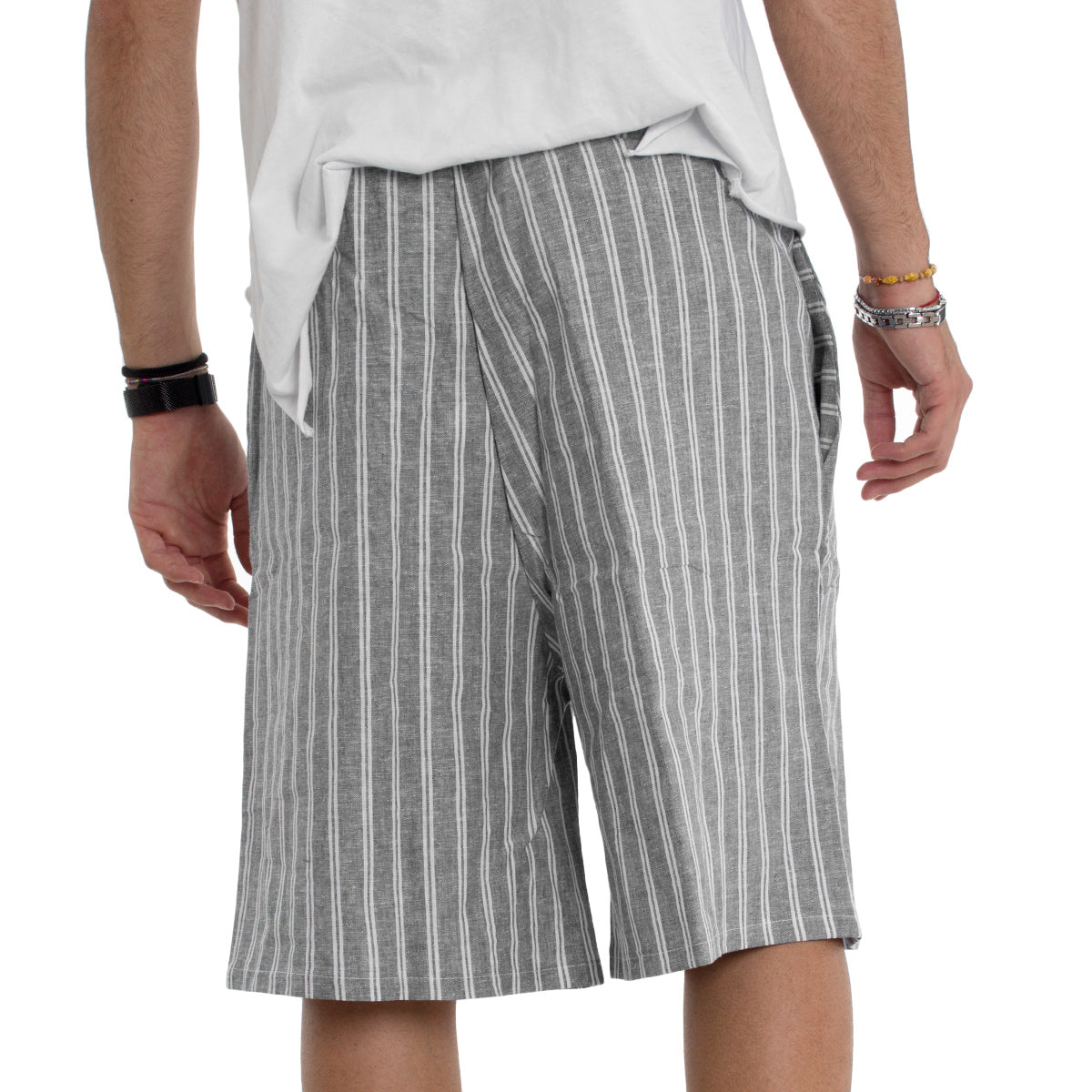 Bermuda Shorts Men Gray Linen Stripes GIOSAL-PC1239A
