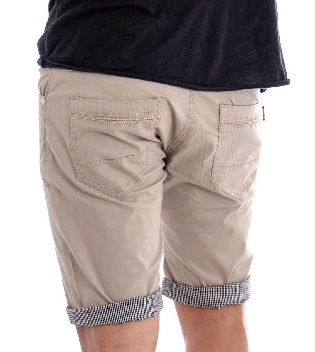 Bermuda Pantaloncino Uomo Corto Cotone Tinta Unita Beige Cinque Tasche Slim GIOSAL-PC1283A