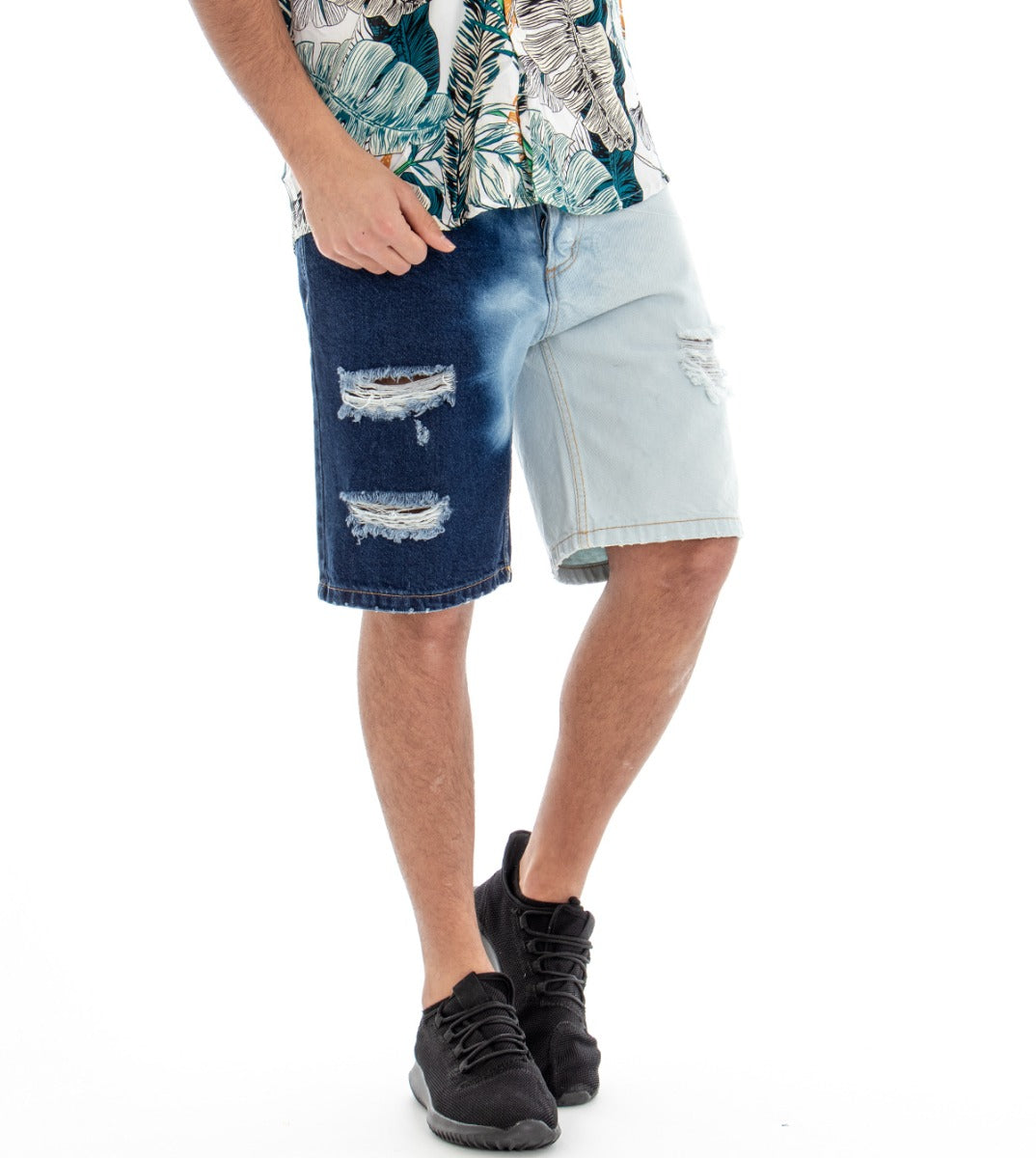 Bermuda Shorts Men's Jeans Rips Five Pockets Two-Tone Denim GIOSAL-PC1272A