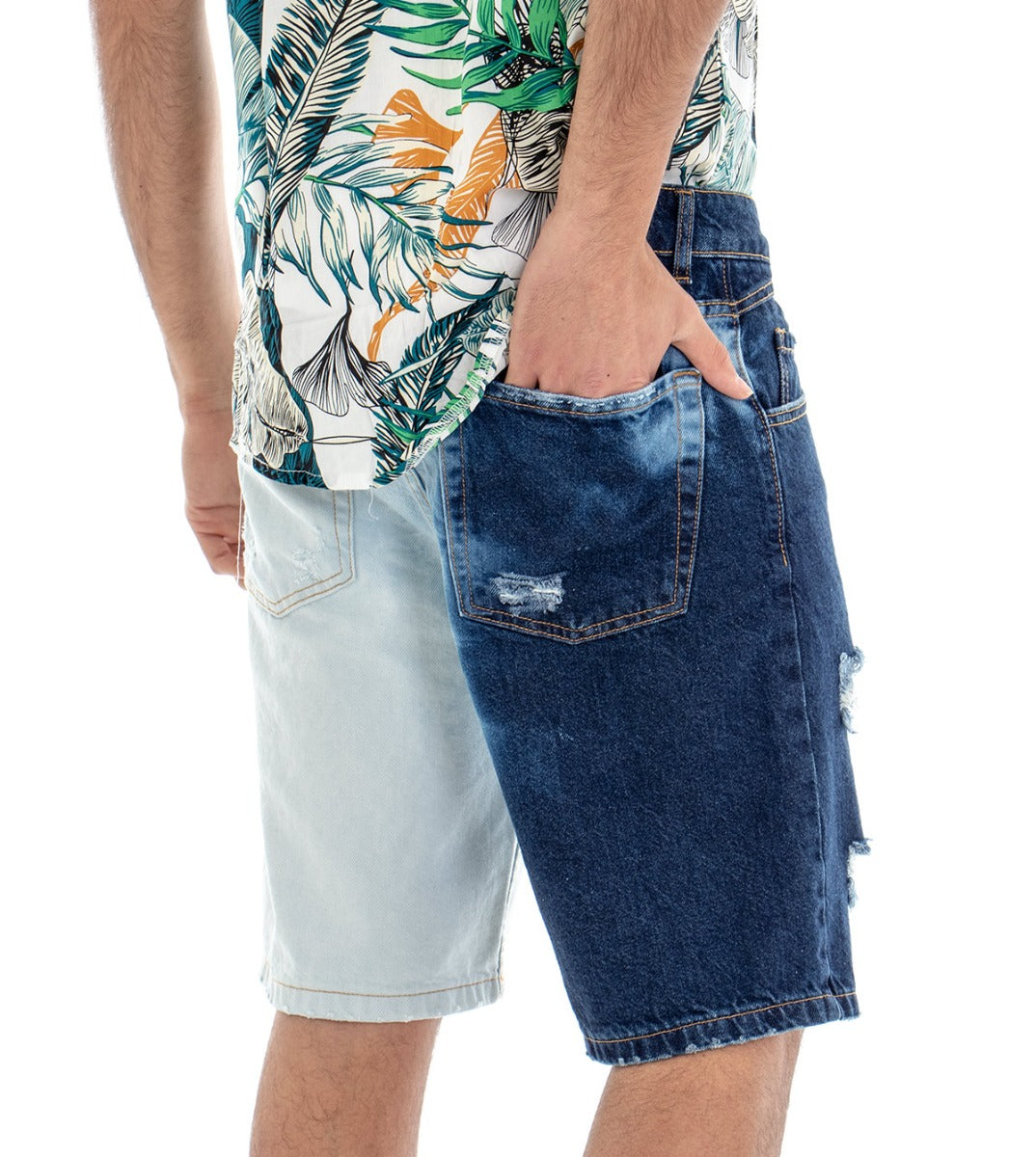 Bermuda Shorts Men's Jeans Rips Five Pockets Two-Tone Denim GIOSAL-PC1272A