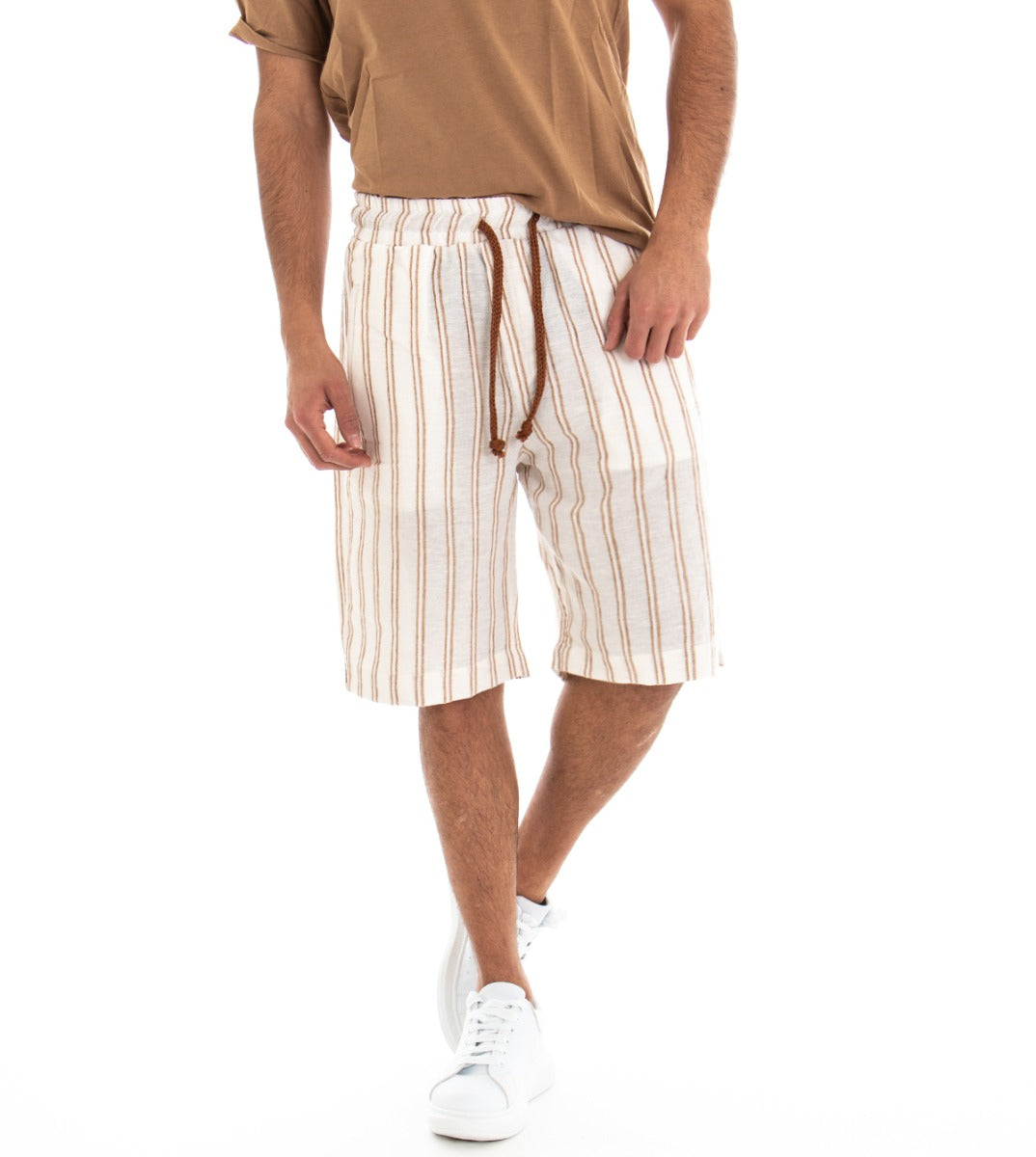 Beige Striped Men's Bermuda Shorts with America Pocket Elastic GIOSAL-PC1322A