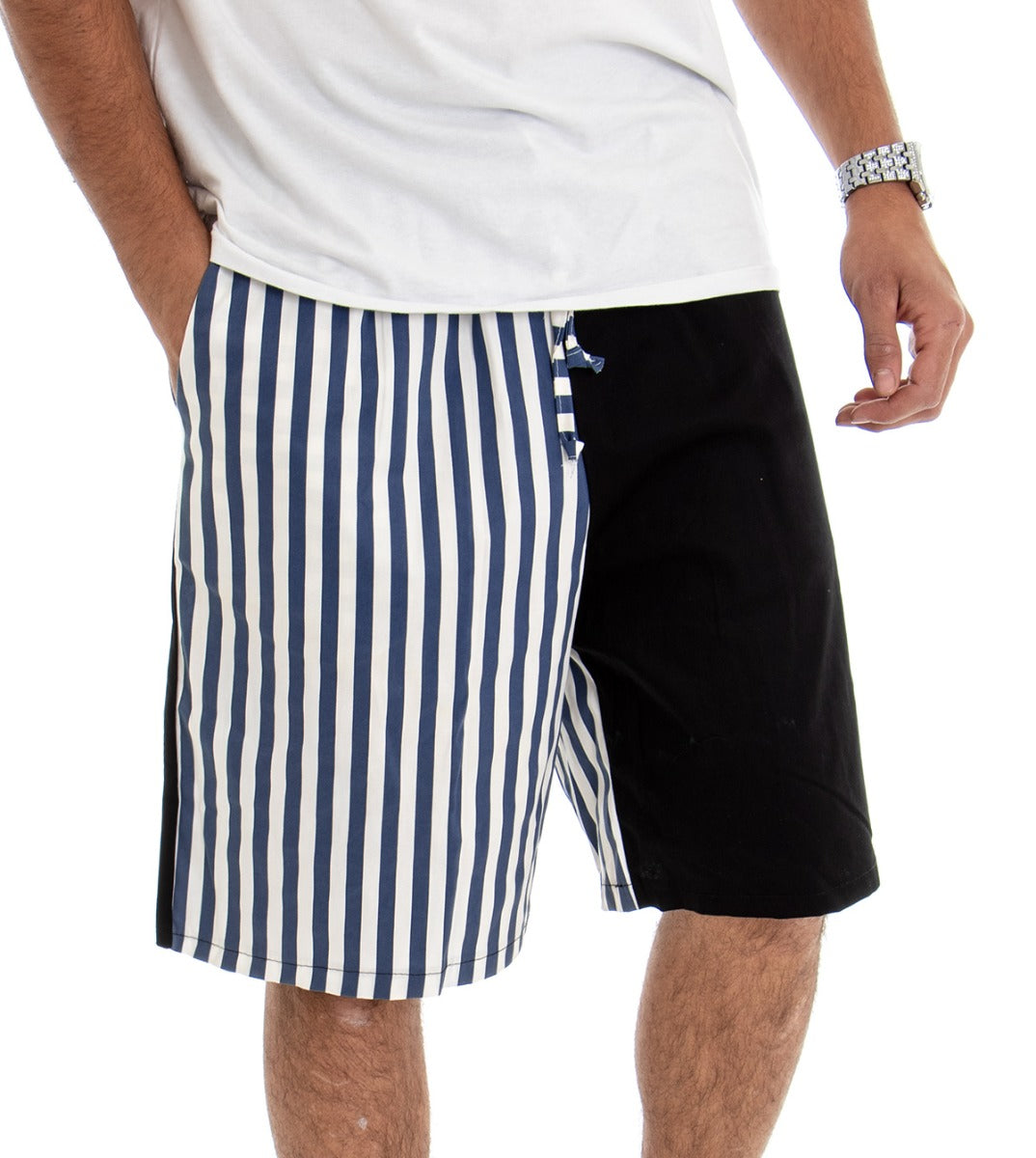 Men's Short Bermuda Shorts Blue Striped Two-Tone Cotton GIOSAL-PC1448A