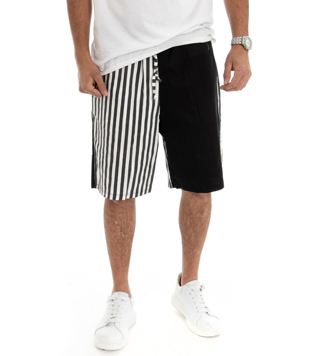 Short Men's Bermuda Shorts Striped Black Two-Tone Cotton GIOSAL-PC1449A