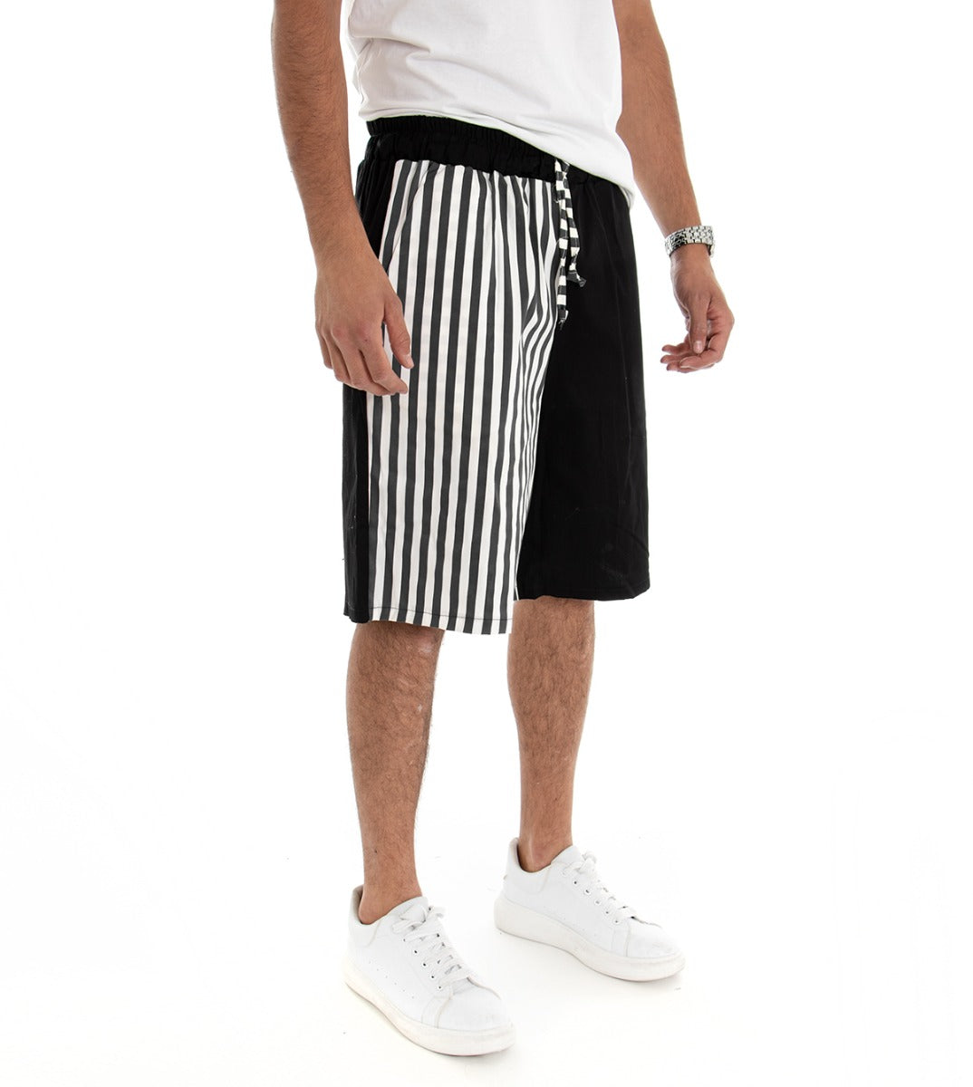 Short Men's Bermuda Shorts Striped Black Two-Tone Cotton GIOSAL-PC1449A