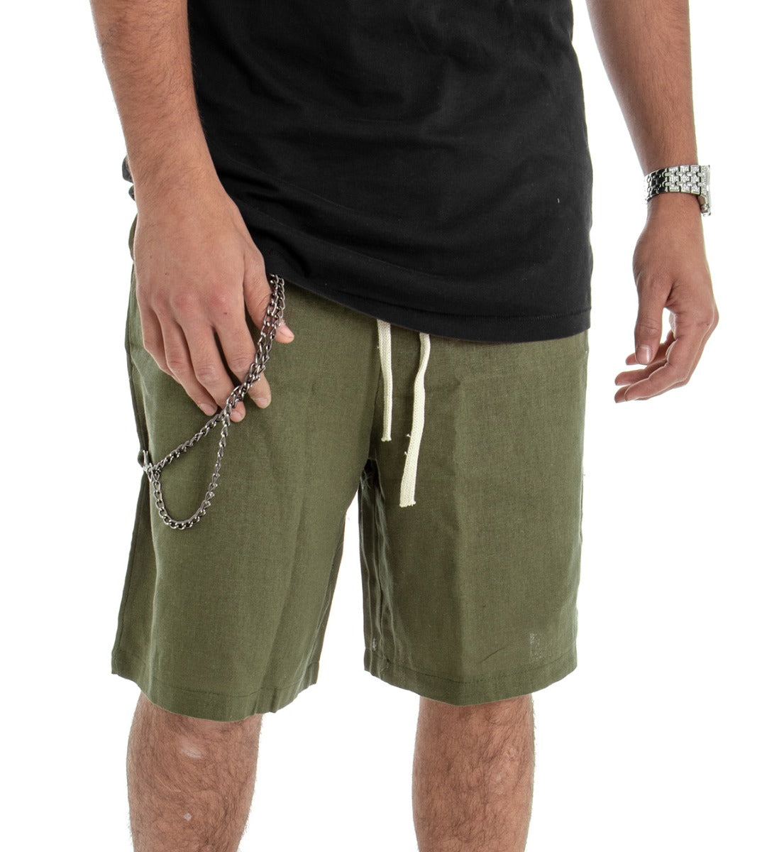 Bermuda Shorts Men's Linen Solid Color Green Elastic Waist GIOSAL-PC1461A