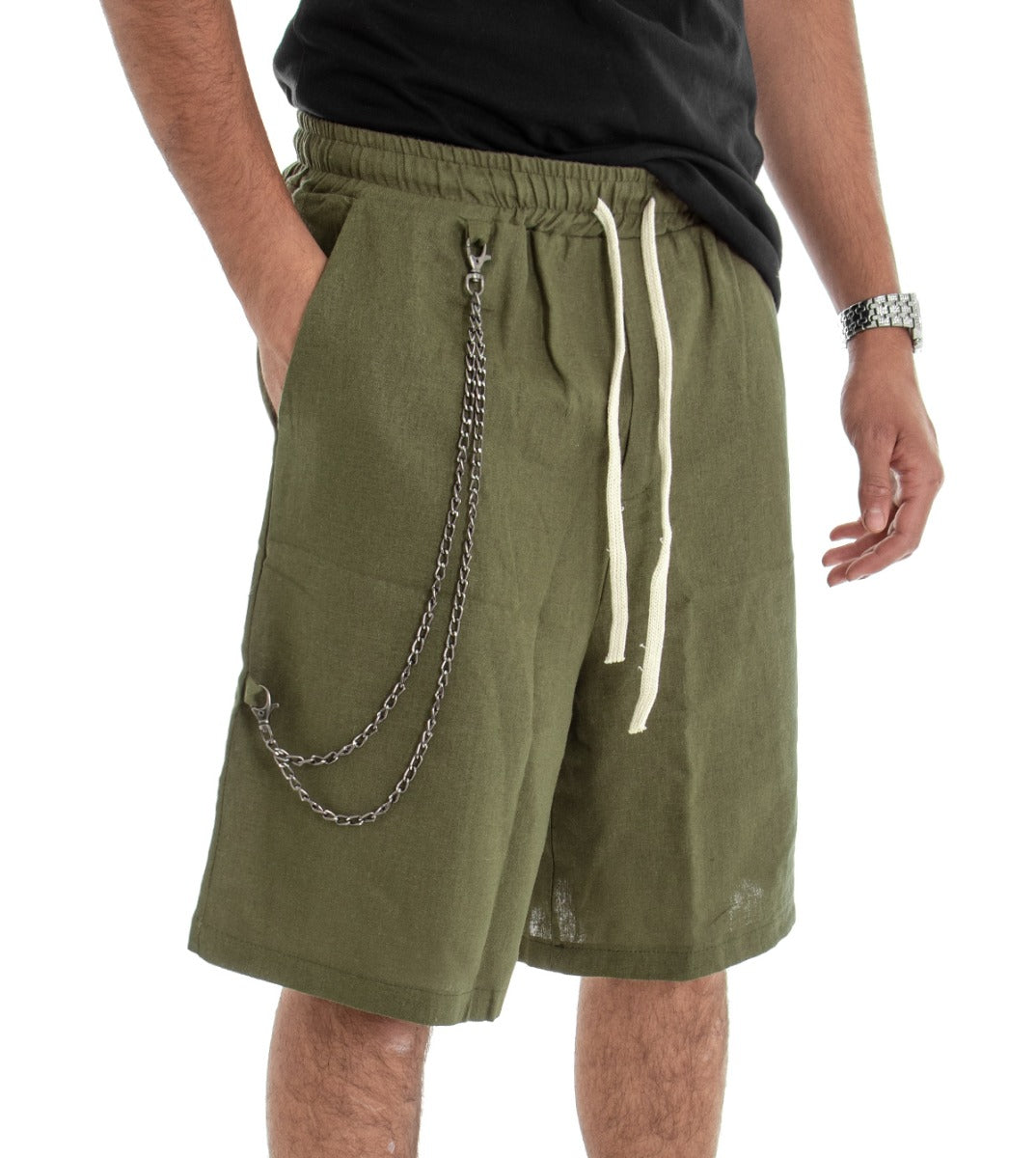 Bermuda Shorts Men's Linen Solid Color Green Elastic Waist GIOSAL-PC1461A