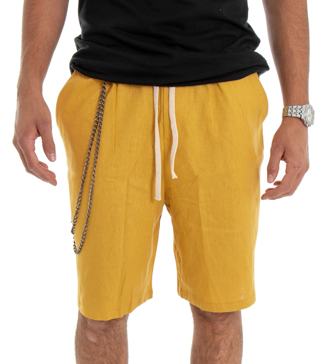 Bermuda Shorts Men's Linen Solid Color Mustard Elastic Waist GIOSAL-PC1462A